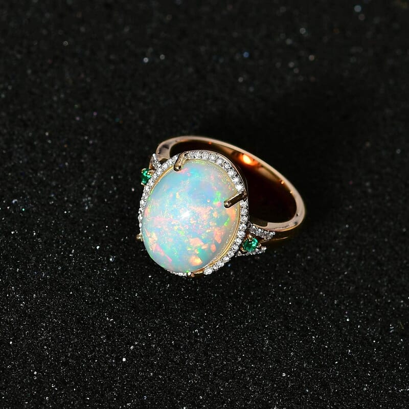 Luxoro 14K Yellow Gold AAA Ethiopian Welo Opal, AAAA Boyaca Colombian Emerald and G-H I2 Diamond Halo Ring (Size 10.0) 5.65 Grams 5.85 ctw