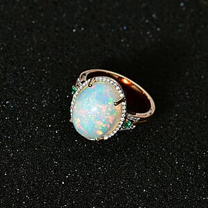 Luxoro 14K Yellow Gold AAA Ethiopian Welo Opal, AAAA Boyaca Colombian Emerald and G-H I2 Diamond Halo Ring (Size 6.0) 5.65 Grams 5.85 ctw