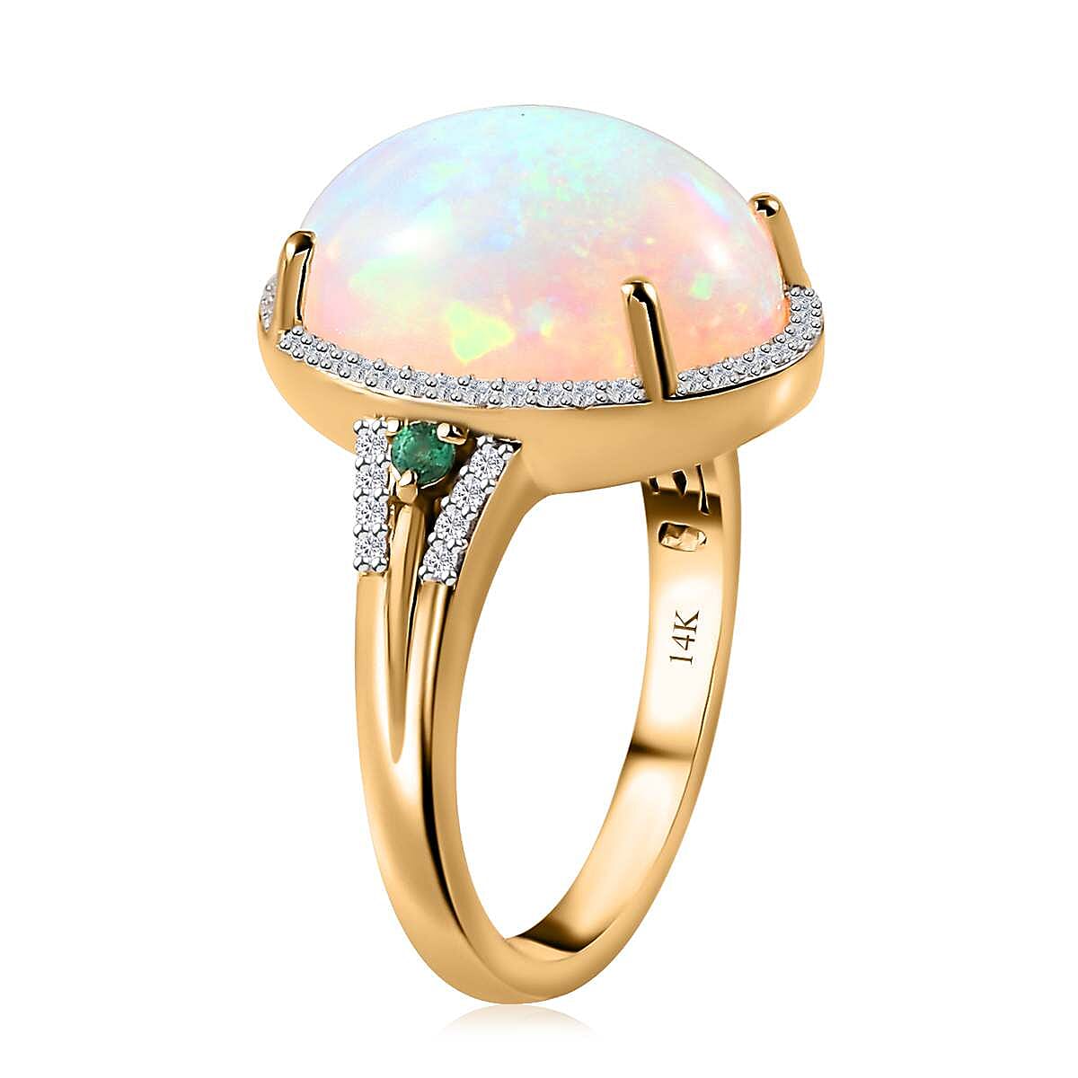 Luxoro 14K Yellow Gold AAA Ethiopian Welo Opal, AAAA Boyaca Colombian Emerald and G-H I2 Diamond Halo Ring (Size 6.0) 5.65 Grams 5.85 ctw image number 4