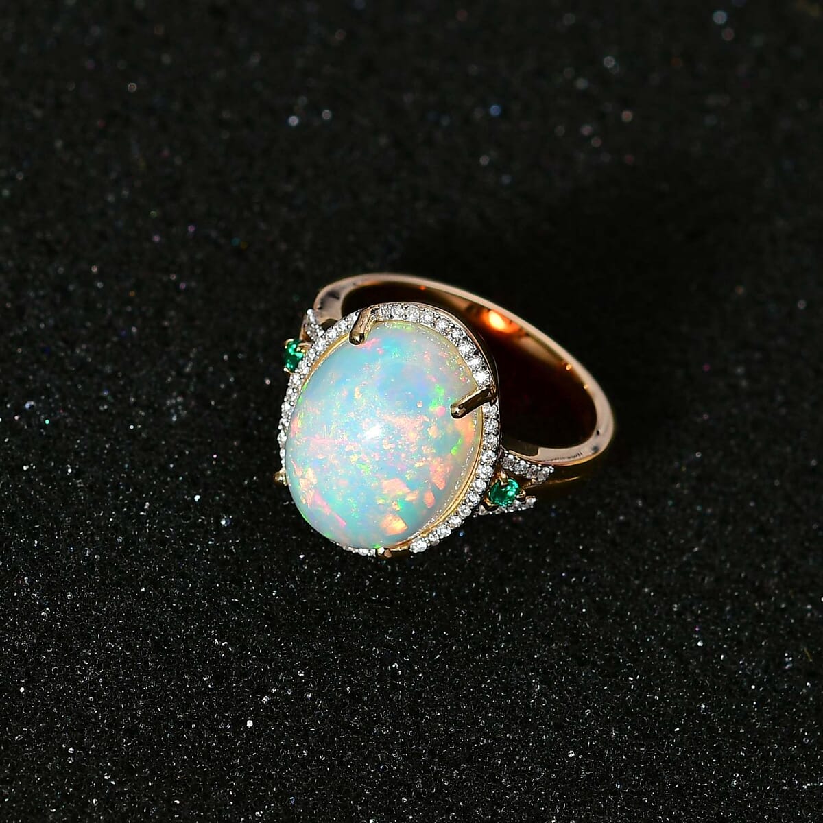 Luxoro 14K Yellow Gold AAA Ethiopian Welo Opal, AAAA Boyaca Colombian Emerald and G-H I2 Diamond Halo Ring (Size 7.0) 5.65 Grams 5.85 ctw image number 2