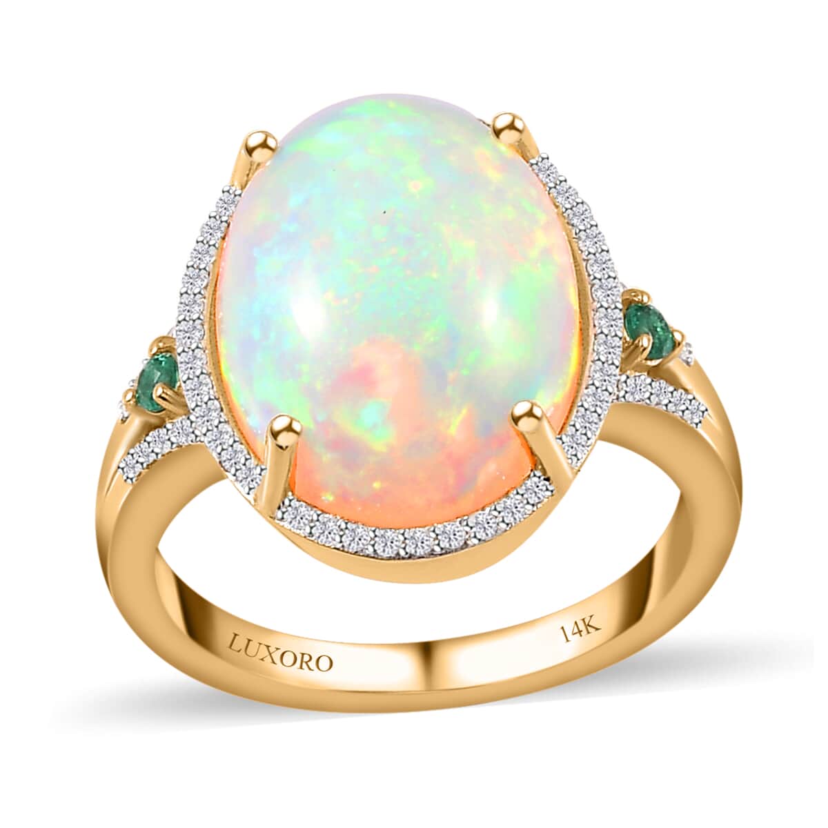 Luxoro 14K Yellow Gold AAA Ethiopian Welo Opal, AAAA Boyaca Colombian Emerald and G-H I2 Diamond Halo Ring (Size 8.0) 5.65 Grams 5.85 ctw image number 0