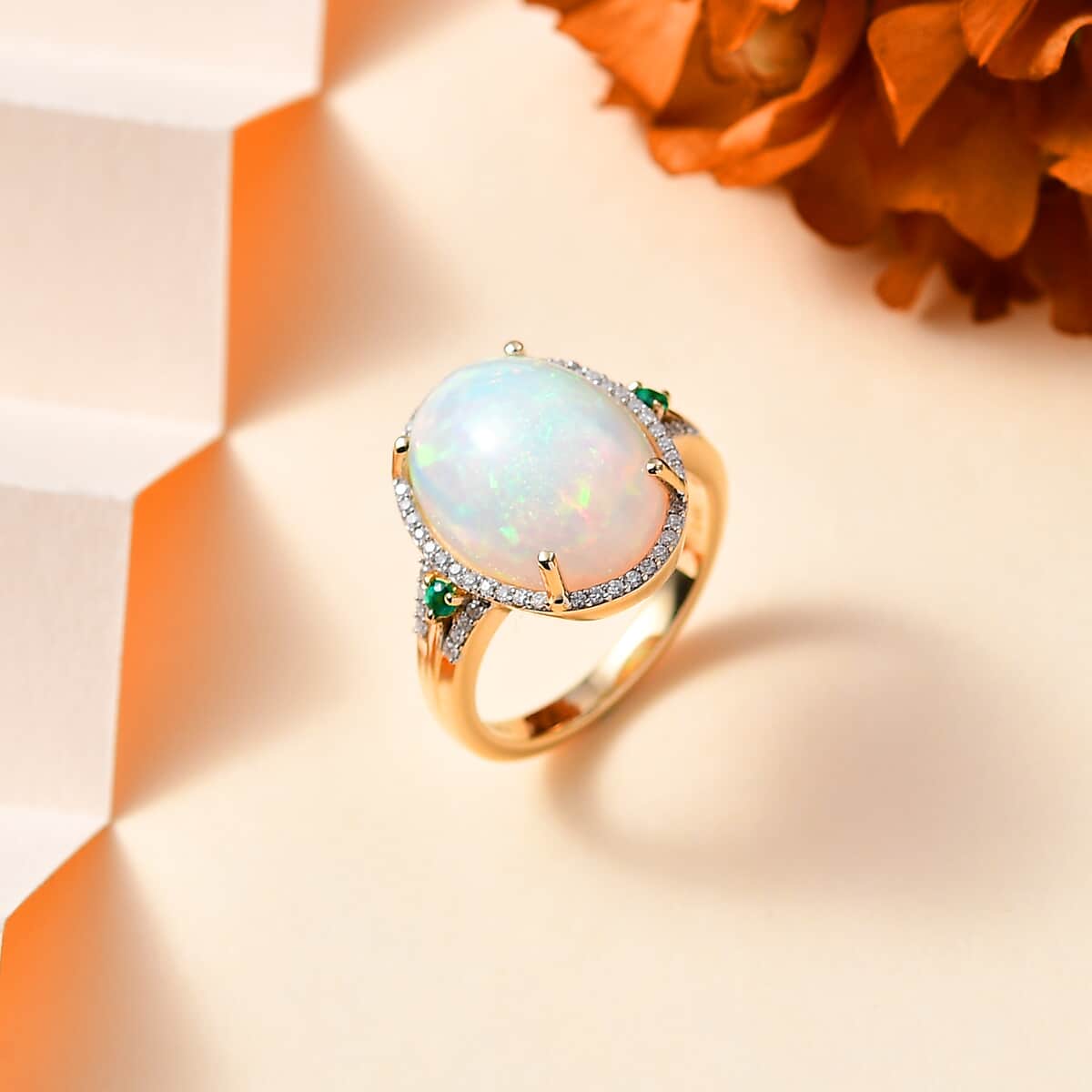 Luxoro 14K Yellow Gold AAA Ethiopian Welo Opal, AAAA Boyaca Colombian Emerald and G-H I2 Diamond Halo Ring (Size 8.0) 5.65 Grams 5.85 ctw image number 1