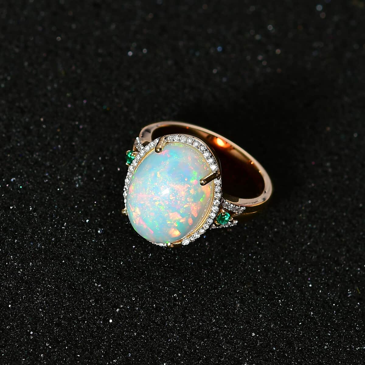 Luxoro 14K Yellow Gold AAA Ethiopian Welo Opal, AAAA Boyaca Colombian Emerald and G-H I2 Diamond Halo Ring (Size 10.0) 5.65 Grams 5.85 ctw image number 2