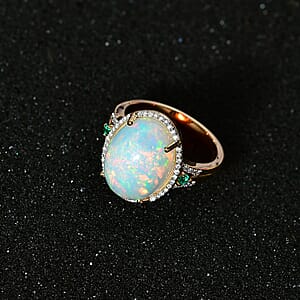 Luxoro 14K Yellow Gold AAA Ethiopian Welo Opal, AAAA Boyaca Colombian Emerald and G-H I2 Diamond Halo Ring (Size 8.0) 5.65 Grams 5.85 ctw