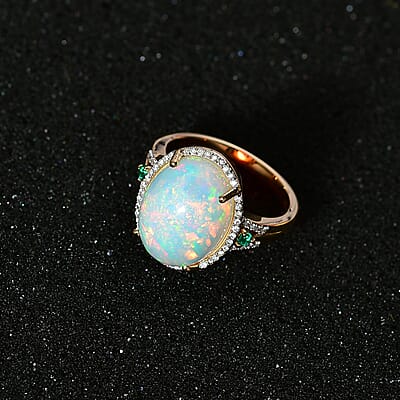 Luxoro 14K Yellow Gold AAA Ethiopian Welo Opal, AAAA Boyaca Colombian Emerald and G-H I2 Diamond Halo Ring (Size 8.0) 5.65 Grams 5.85 ctw