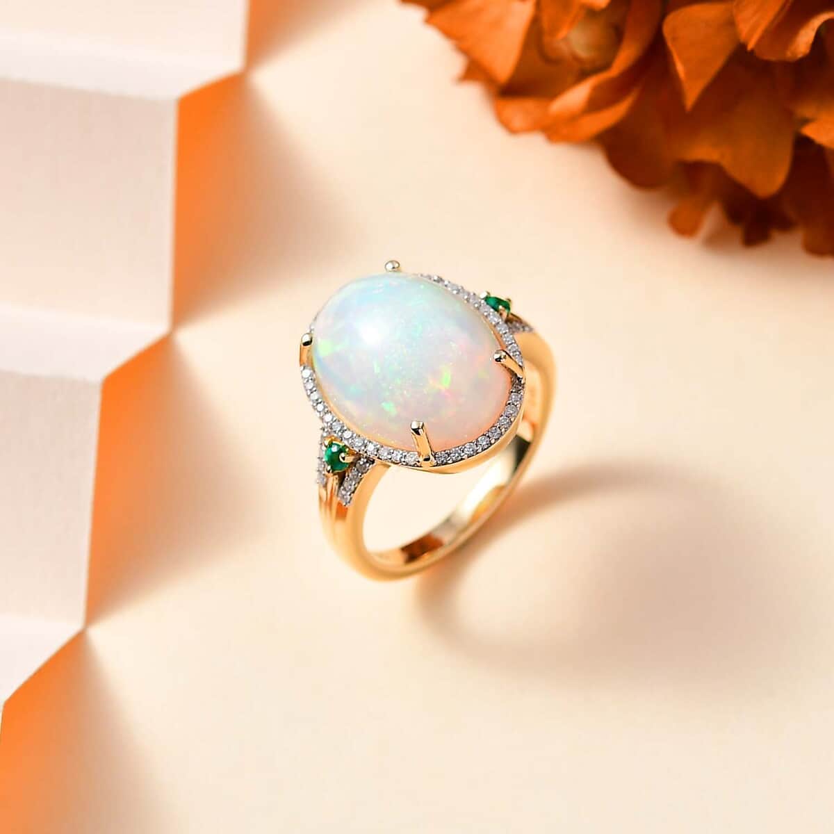 Luxoro 14K Yellow Gold AAA Ethiopian Welo Opal, AAAA Boyaca Colombian Emerald and G-H I2 Diamond Halo Ring (Size 9.0) 5.65 Grams 5.85 ctw image number 1