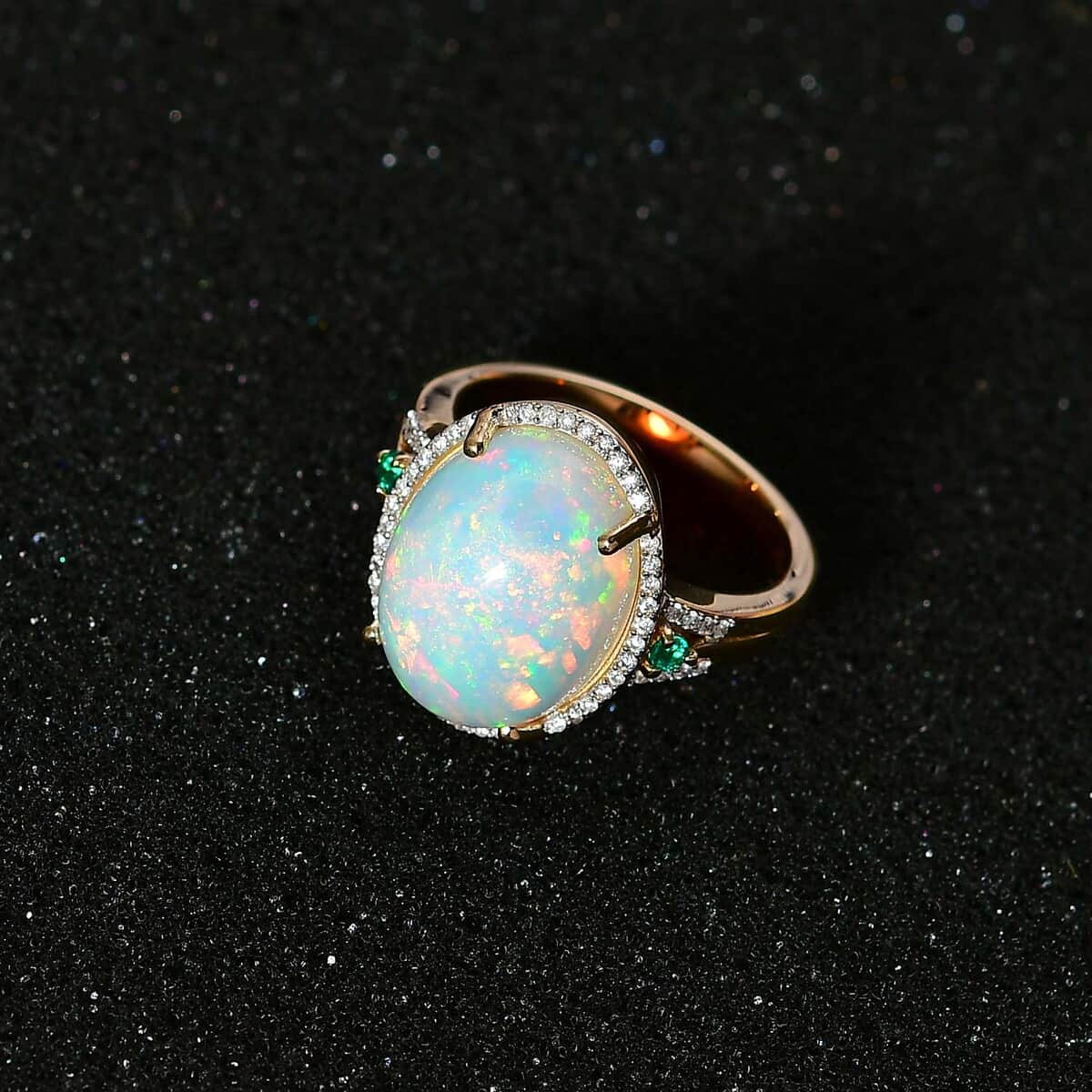 Luxoro 14K Yellow Gold AAA Ethiopian Welo Opal, AAAA Boyaca Colombian Emerald and G-H I2 Diamond Halo Ring (Size 9.0) 5.65 Grams 5.85 ctw image number 2