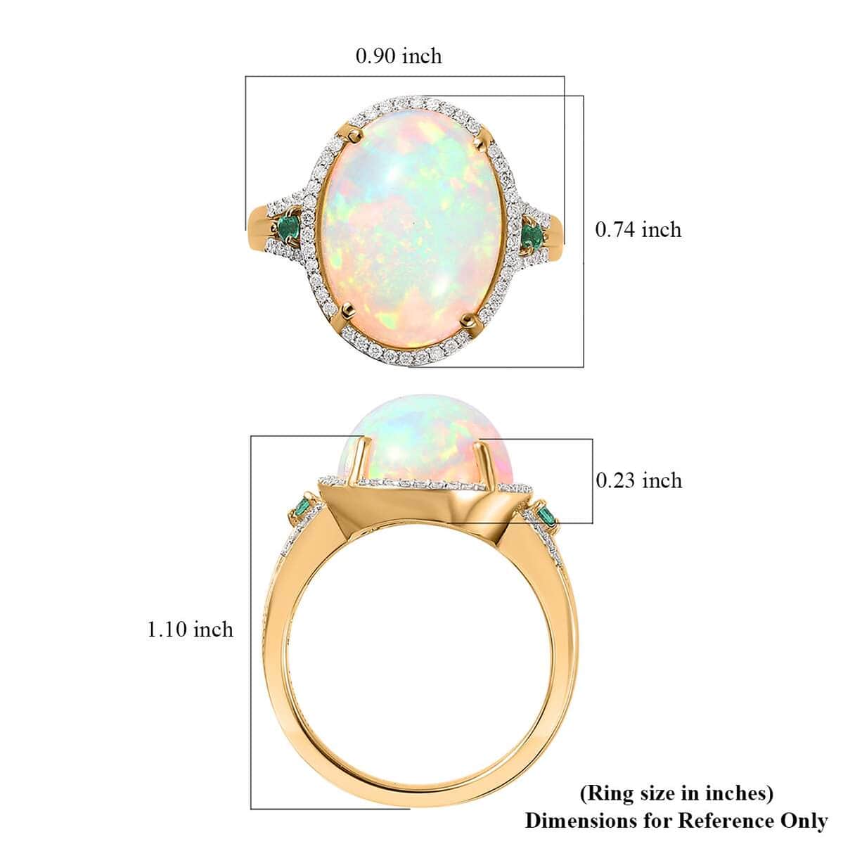 Luxoro 14K Yellow Gold AAA Ethiopian Welo Opal, AAAA Boyaca Colombian Emerald and G-H I2 Diamond Halo Ring (Size 9.0) 5.65 Grams 5.85 ctw image number 6