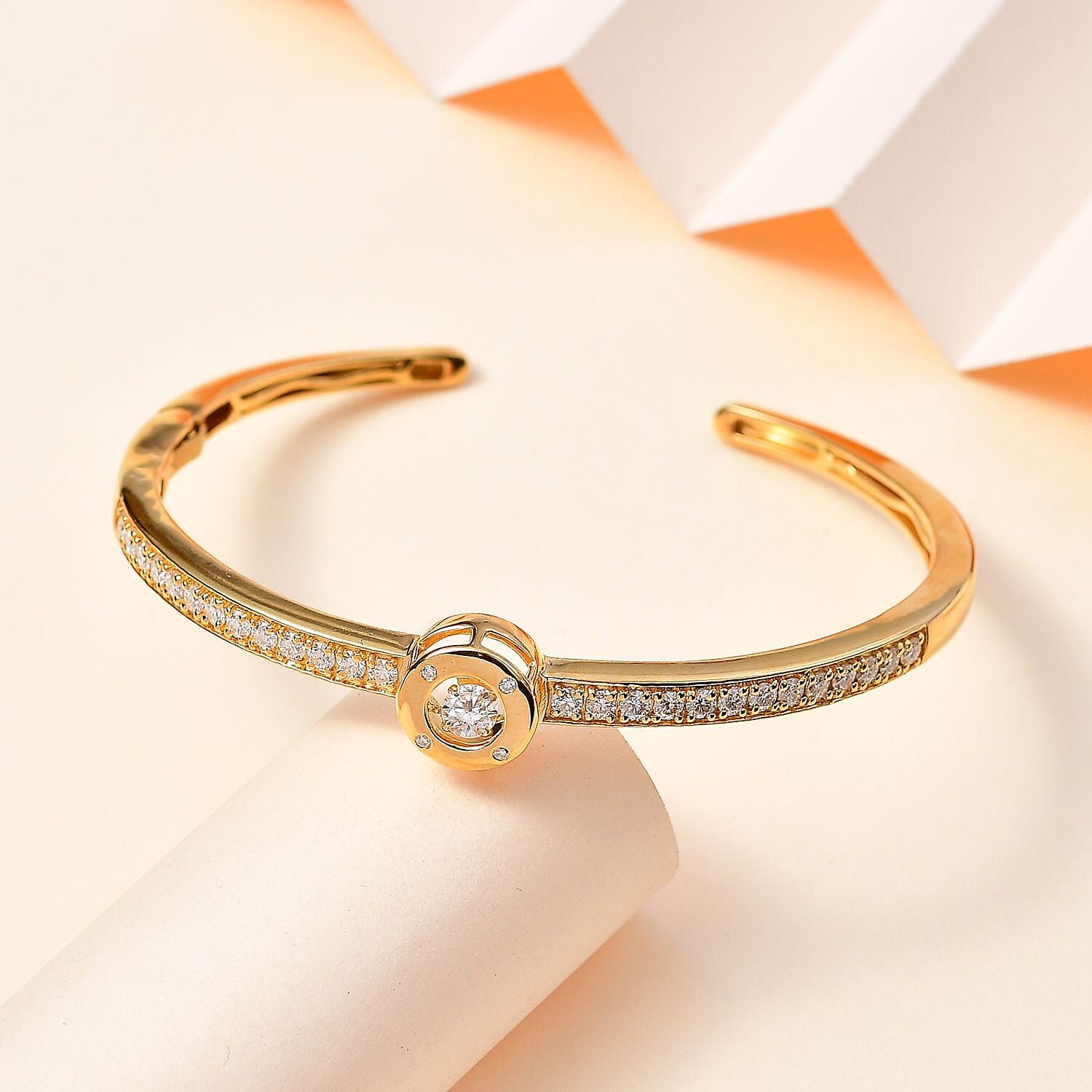 Moissanite 1.97 ctw Bangle Bracelet in 18K Vermeil Yellow Gold Over Sterling Silver (7.5 In) (16.92 g)
