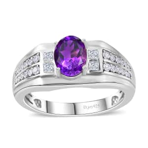AAA Moroccan Amethyst and White Zircon Men's Ring in Rhodium Over Sterling Silver (Size 10.0) 1.70 ctw
