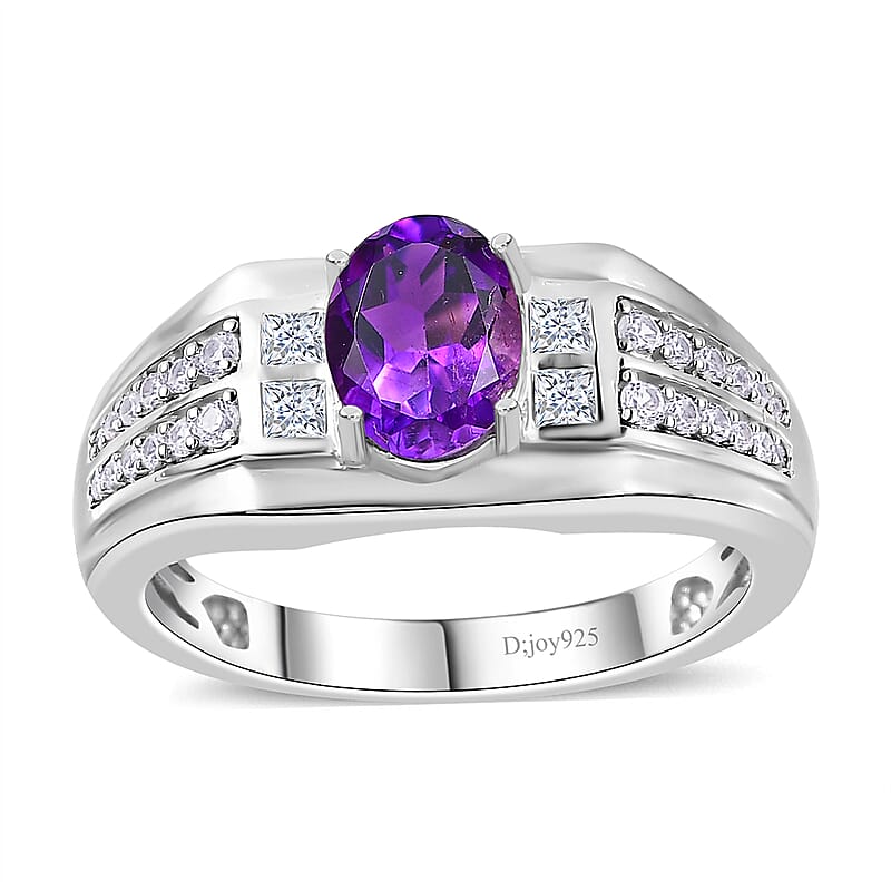 AAA Moroccan Amethyst and White Zircon Men's Ring in Rhodium Over Sterling Silver (Size 10.0) 1.70 ctw