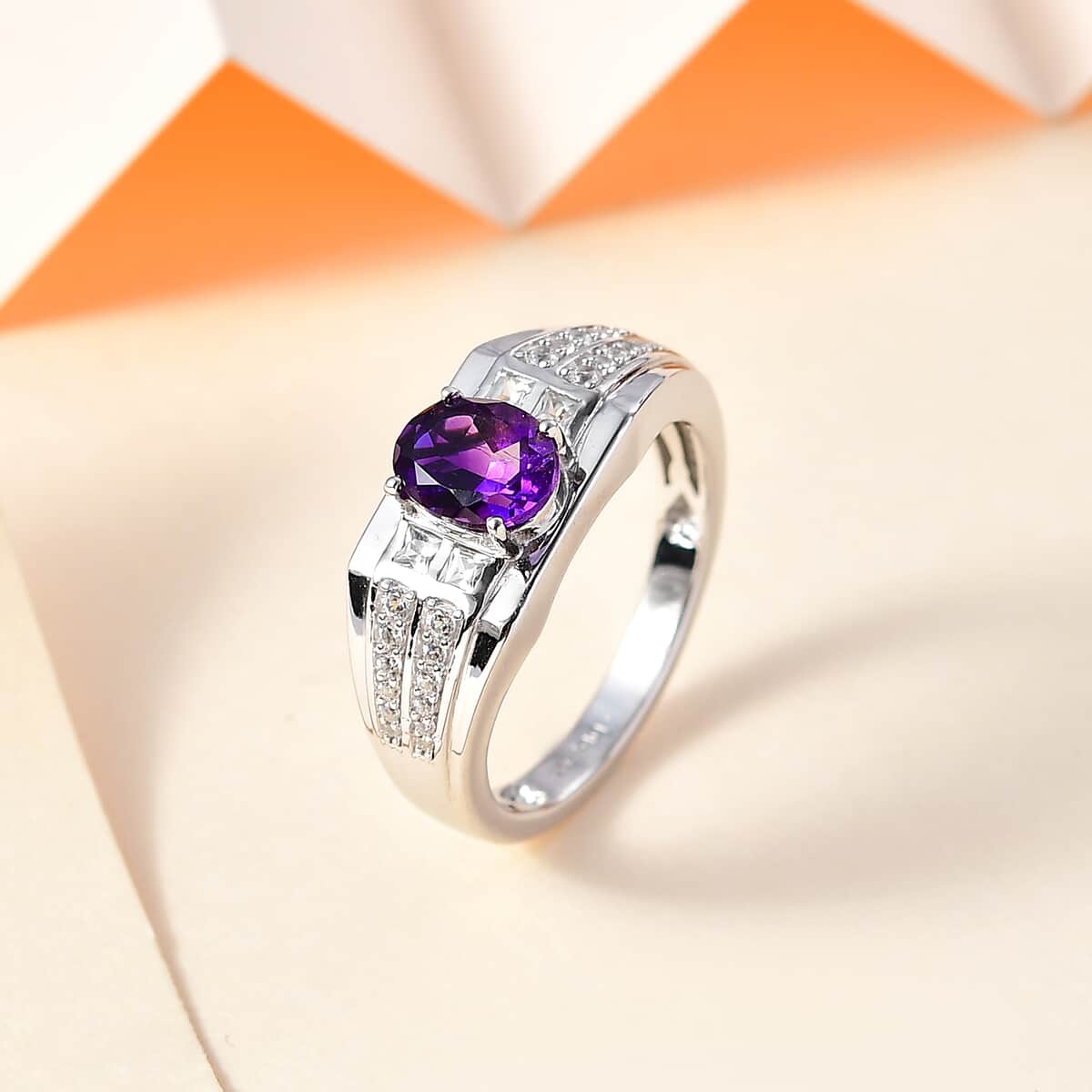 AAA Moroccan Amethyst and White Zircon Men's Ring in Rhodium Over Sterling Silver (Size 10.0) 1.70 ctw image number 1