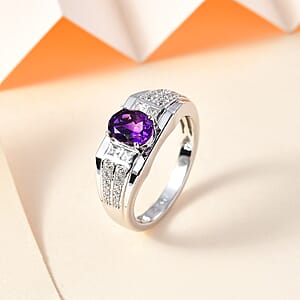 AAA Moroccan Amethyst and White Zircon Men's Ring in Rhodium Over Sterling Silver (Size 10.0) 1.70 ctw