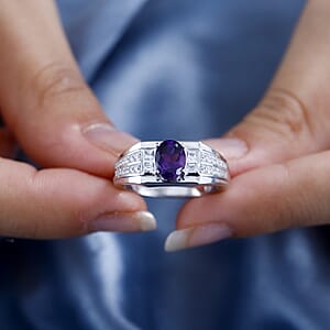 AAA Moroccan Amethyst and White Zircon Men's Ring in Rhodium Over Sterling Silver (Size 10.0) 1.70 ctw