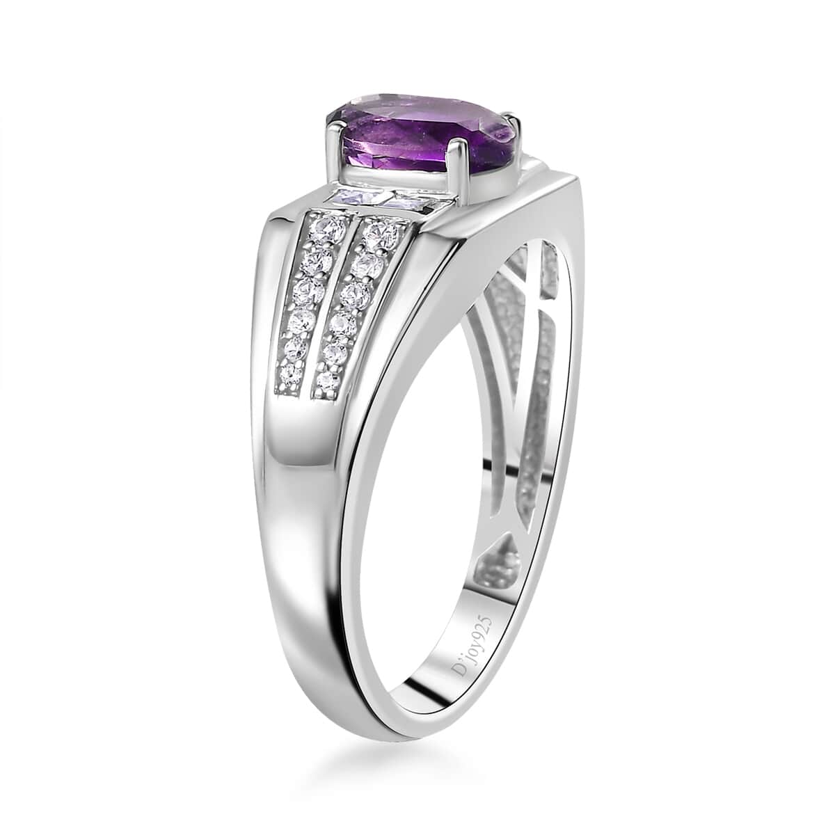 AAA Moroccan Amethyst, White Zircon Men's Ring in Rhodium Over Sterling Silver (Size 10.0) 1.70 ctw image number 3