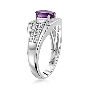 AAA Moroccan Amethyst and White Zircon Men's Ring in Rhodium Over Sterling Silver (Size 10.0) 1.70 ctw