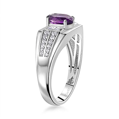 AAA Moroccan Amethyst and White Zircon Men's Ring in Rhodium Over Sterling Silver (Size 10.0) 1.70 ctw
