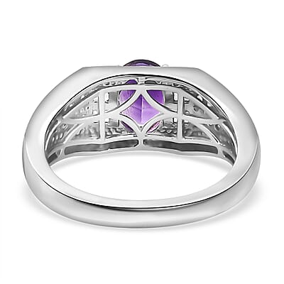 AAA Moroccan Amethyst and White Zircon Men's Ring in Rhodium Over Sterling Silver (Size 10.0) 1.70 ctw