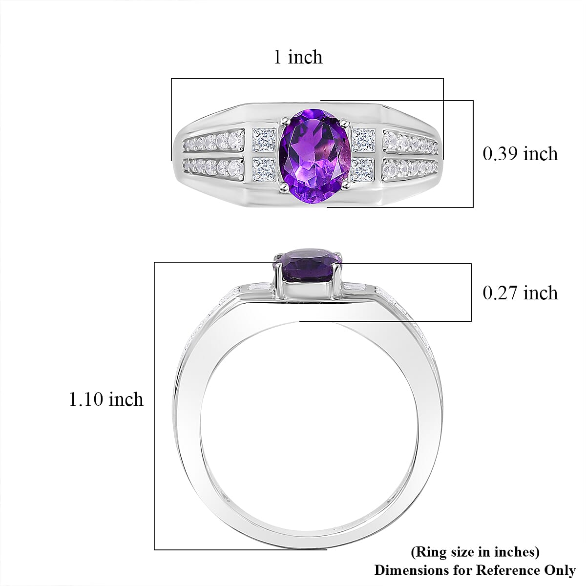AAA Moroccan Amethyst and White Zircon Men's Ring in Rhodium Over Sterling Silver (Size 10.0) 1.70 ctw