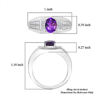 AAA Moroccan Amethyst and White Zircon Men's Ring in Rhodium Over Sterling Silver (Size 10.0) 1.70 ctw