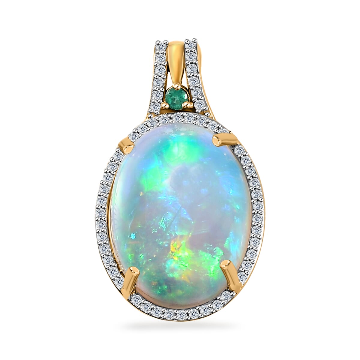 LUXORO AAAA Opal Emerald 14K Yellow Gold Halo Pendant Ct 4.96 G-H Color I2 Gifts
