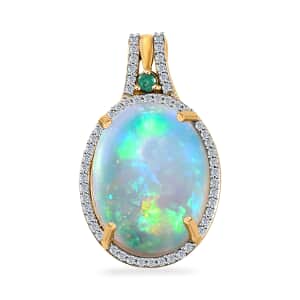 Luxoro 14K Yellow Gold AAA Ethiopian Welo Opal, AAAA Boyaca Colombian Emerald and G-H I2 Diamond Halo Pendant 6.00 ctw