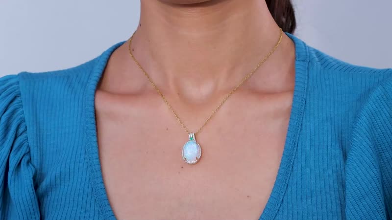 Luxoro 14K Yellow Gold AAA Ethiopian Welo Opal, AAAA Boyaca Colombian Emerald and G-H I2 Diamond Halo Pendant without Chain 6.00 ctw