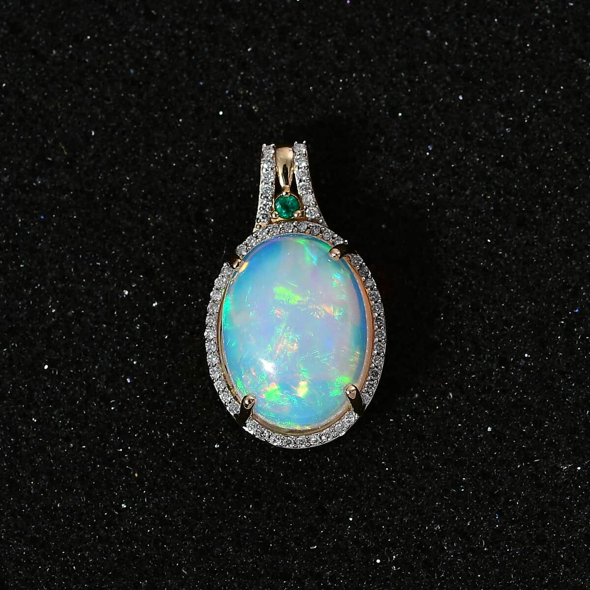 Luxoro 14K Yellow Gold AAA Ethiopian Welo Opal, AAAA Boyaca Colombian Emerald and G-H I2 Diamond Halo Pendant 6.00 ctw image number 2