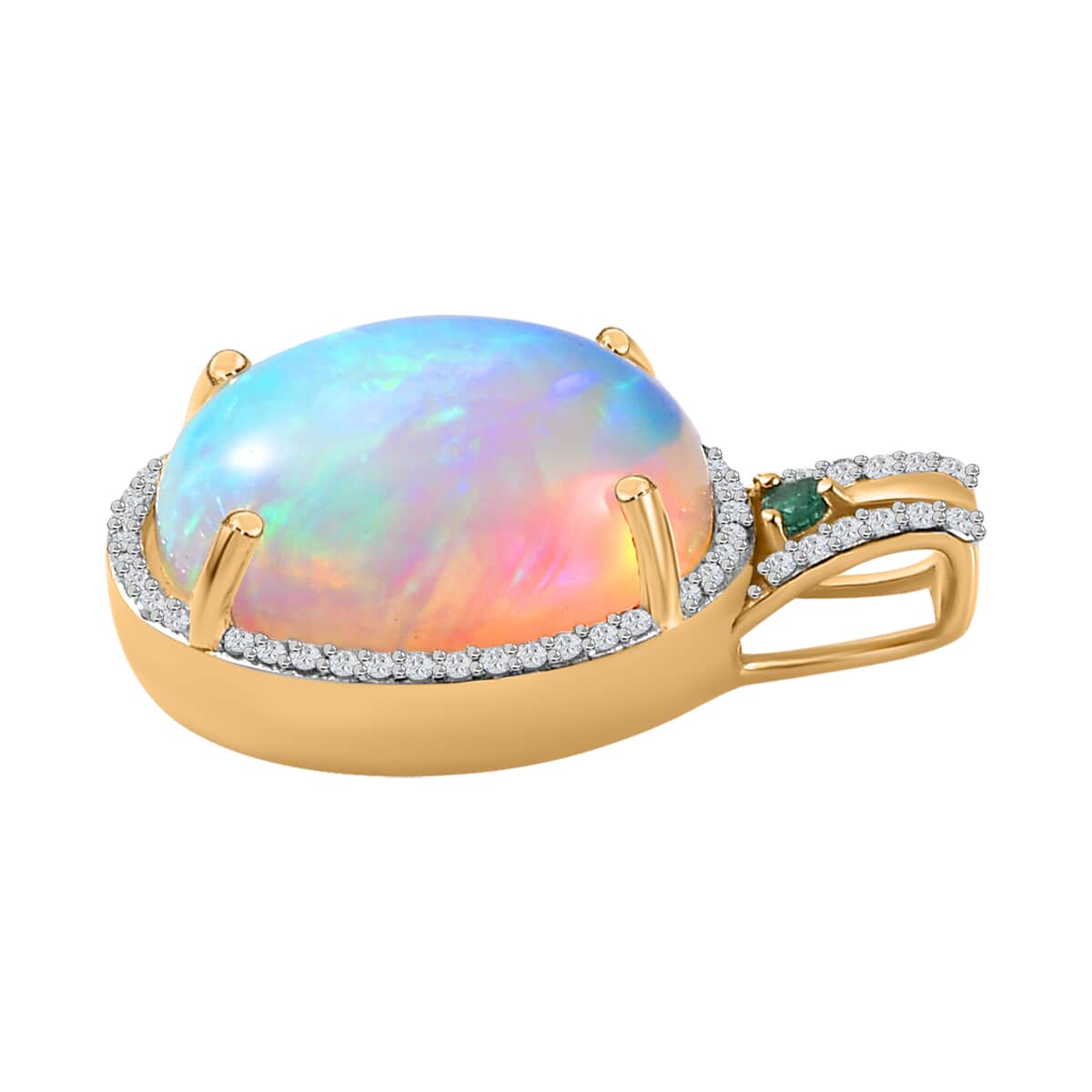 Luxoro 14K Yellow Gold AAA Ethiopian Welo Opal, AAAA Boyaca Colombian Emerald and G-H I2 Diamond Halo Pendant 6.00 ctw image number 4