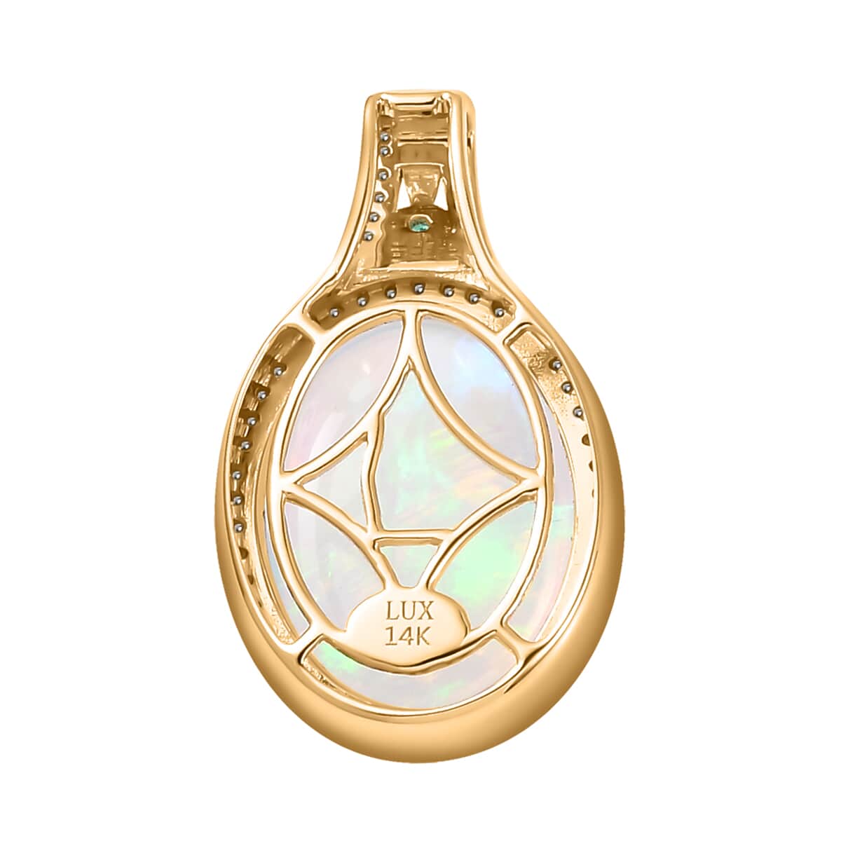 Luxoro 14K Yellow Gold AAA Ethiopian Welo Opal, AAAA Boyaca Colombian Emerald and G-H I2 Diamond Halo Pendant 6.00 ctw image number 5