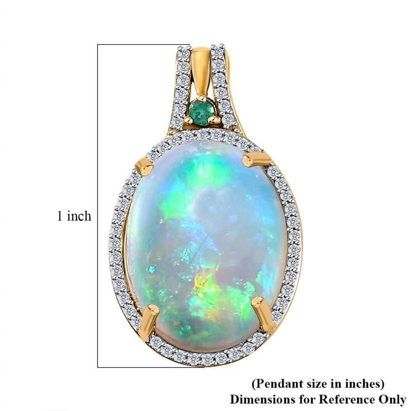 Luxoro 14K Yellow Gold AAA Ethiopian Welo Opal, AAAA Boyaca Colombian Emerald and G-H I2 Diamond Halo Pendant without Chain 6.00 ctw