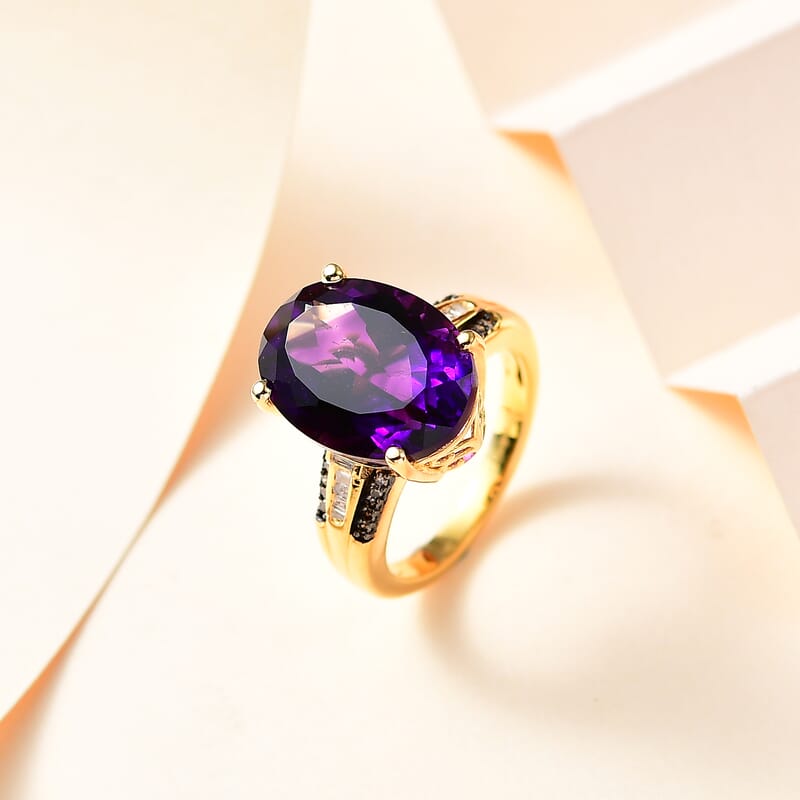 AAA Moroccan Amethyst, Natural Champagne and White Diamond Ring in 18K Vermeil Yellow Gold Over Sterling Silver (Size 10.0) 8.85 ctw