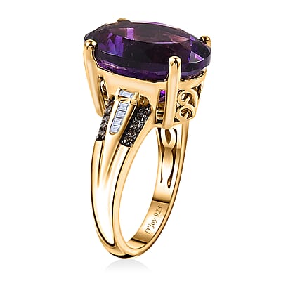 AAA Moroccan Amethyst, Natural Champagne and White Diamond Ring in 18K Vermeil Yellow Gold Over Sterling Silver (Size 10.0) 8.85 ctw