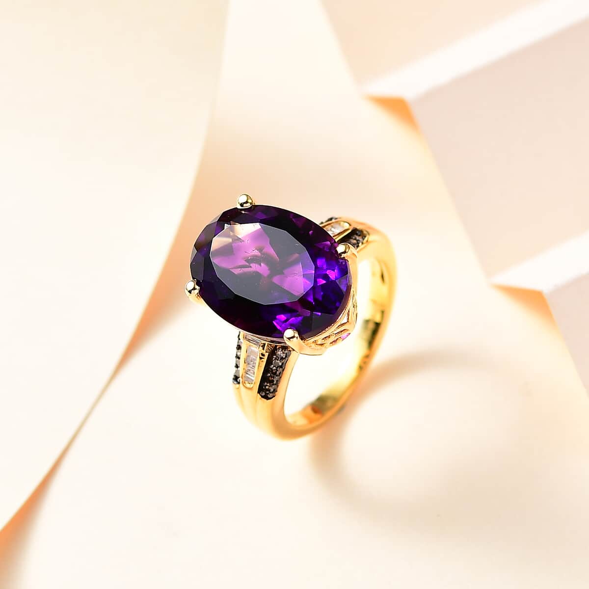 AAA Moroccan Amethyst, Natural Champagne and White Diamond Ring in 18K Vermeil Yellow Gold Over Sterling Silver (Size 7.0) 8.85 ctw (Del. in 8-10 Days) image number 1