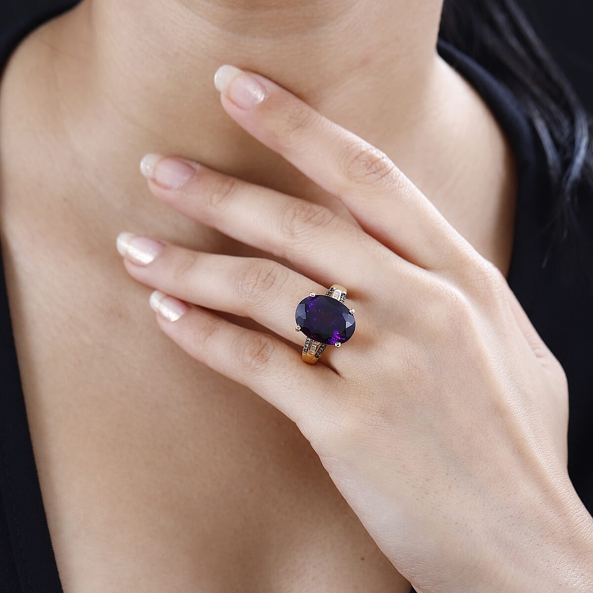 AAA Moroccan Amethyst, Natural Champagne and White Diamond Ring in 18K Vermeil Yellow Gold Over Sterling Silver (Size 9.0) 8.85 ctw image number 2