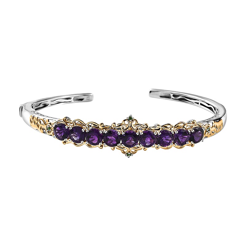 Premium Moroccan Amethyst and Chrome Diopside Cuff Bracelet in Vermeil Yellow Gold and Rhodium Over Sterling Silver 7.60 ctw