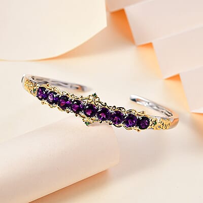 Premium Moroccan Amethyst and Chrome Diopside Cuff Bracelet in Vermeil Yellow Gold and Rhodium Over Sterling Silver 7.60 ctw