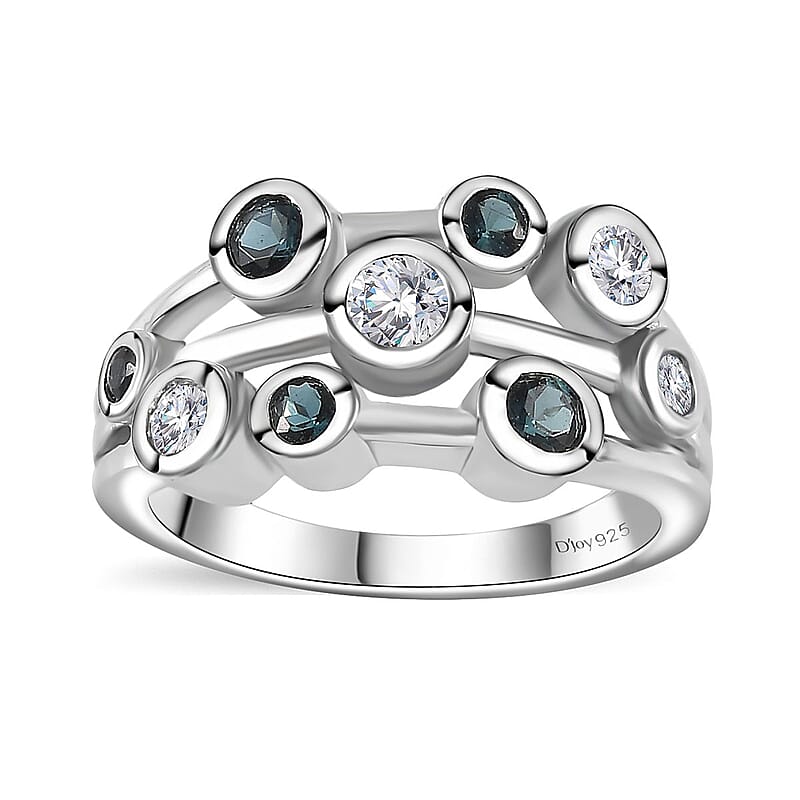 Moissanite and Monte Belo Indicolite Bubble Ring in Platinum Over Sterling Silver (Size 7.0) 1.00 ctw