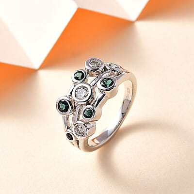 Moissanite and Monte Belo Indicolite Bubble Ring in Platinum Over Sterling Silver (Size 7.0) 1.00 ctw