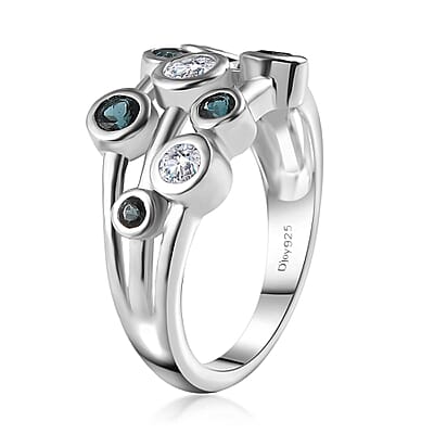 Moissanite and Monte Belo Indicolite Bubble Ring in Platinum Over Sterling Silver (Size 7.0) 1.00 ctw