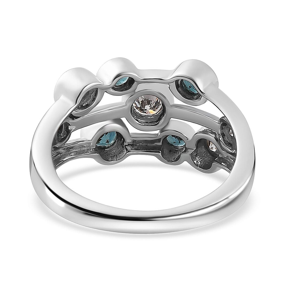 Moissanite and Monte Belo Indicolite Bubble Ring in Platinum Over Sterling Silver (Size 7.0) 1.00 ctw