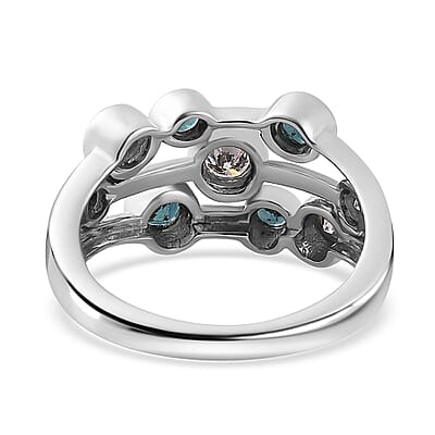 Moissanite and Monte Belo Indicolite Bubble Ring in Platinum Over Sterling Silver (Size 7.0) 1.00 ctw