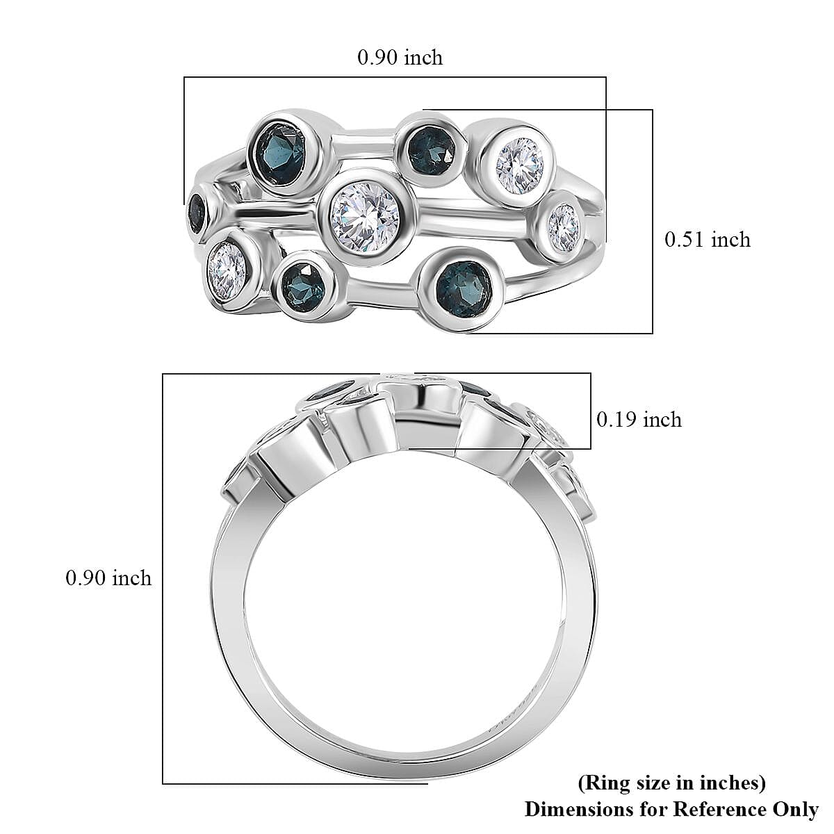 Moissanite and Monte Belo Indicolite Bubble Ring in Platinum Over Sterling Silver (Size 7.0) 1.00 ctw