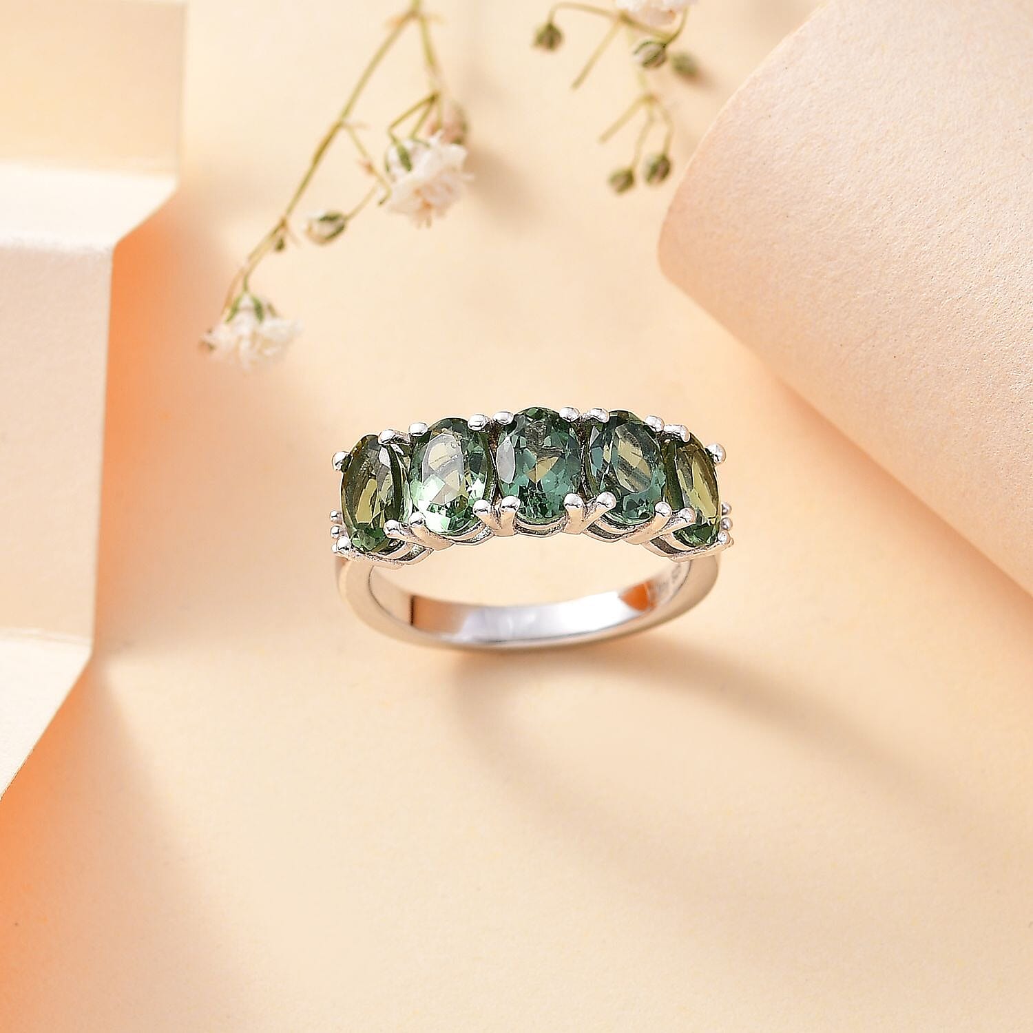 Madagascar Green Apatite and Diamond 2.30 ctw Ring in Rhodium Over Sterling Silver (Size 10.0)