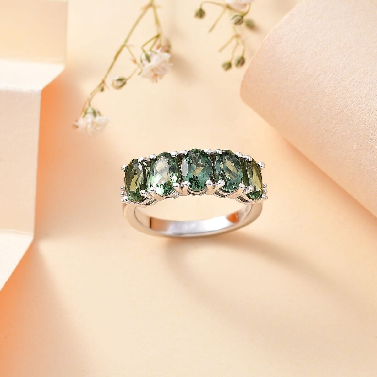 Madagascar Green Apatite and Diamond 2.30 ctw Ring in Rhodium Over Sterling Silver (Size 7.0) image number 1