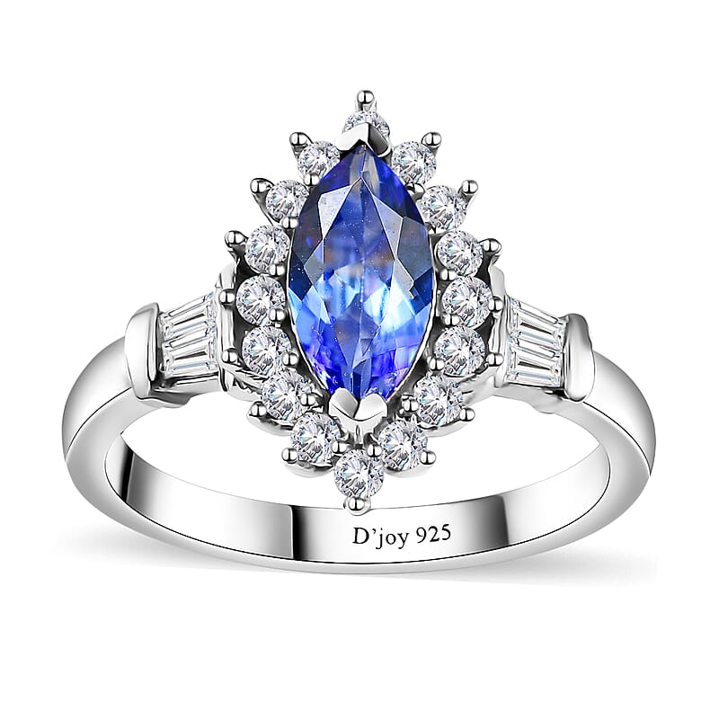 Tanzanite and White Zircon Sunburst Ring in Rhodium Over Sterling Silver (Size 10.0) 1.30 ctw
