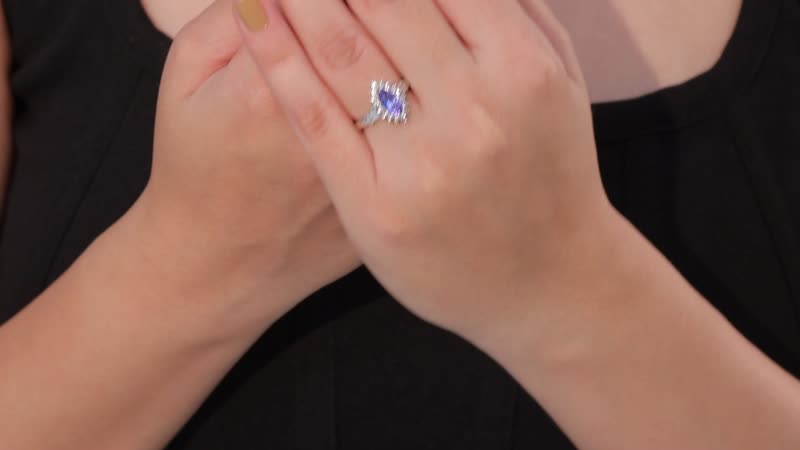 Tanzanite and White Zircon Sunburst Ring in Rhodium Over Sterling Silver (Size 10.0) 1.30 ctw