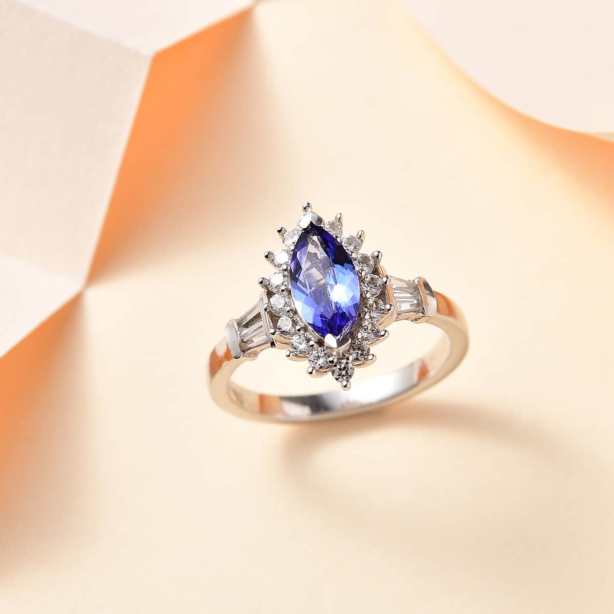 Tanzanite and White Zircon Sunburst Ring in Rhodium Over Sterling Silver (Size 10.0) 1.30 ctw image number 1