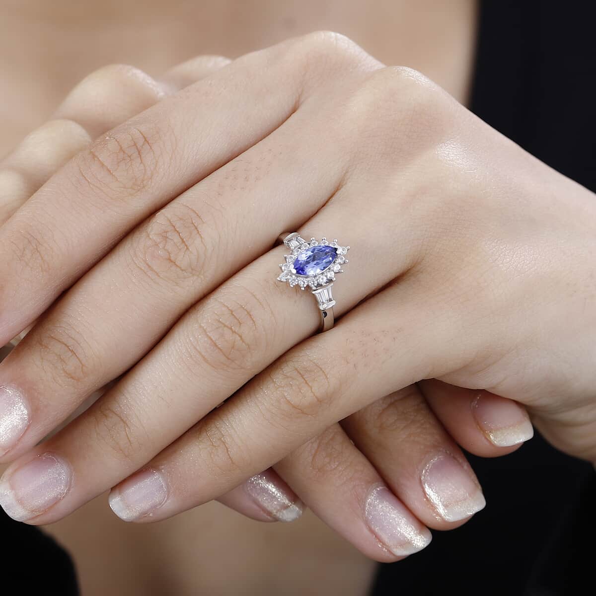 Tanzanite and White Zircon Sunburst Ring in Rhodium Over Sterling Silver (Size 10.0) 1.30 ctw image number 2