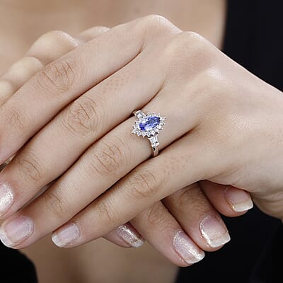 Tanzanite and White Zircon Sunburst Ring in Rhodium Over Sterling Silver (Size 10.0) 1.30 ctw